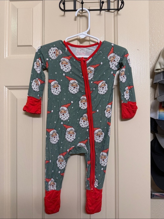 Stitchy Fish Other - Bamboo Holiday Santa Print Green Kids Footie Pajamas with Red Trim